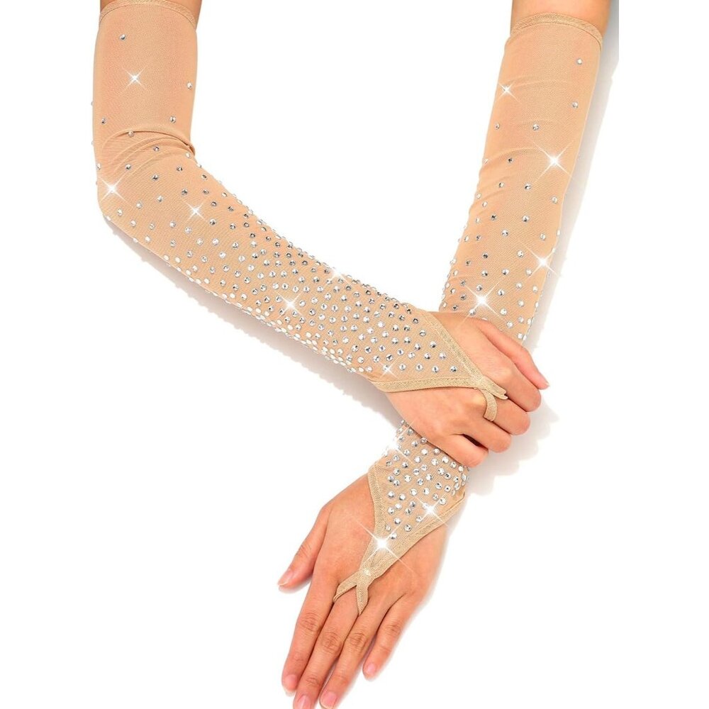 Women's Rhinestone Nude Fingerless Fishing Sparkly Sheer Long Gloves Style
